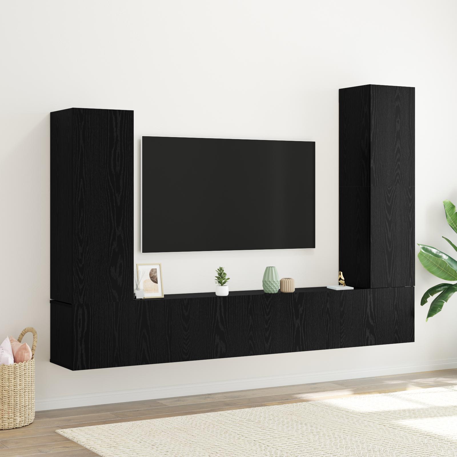 4 Delt Tv Stander Sæt Vægmonteret Sort Eg Ingeniørtræ Produktstyringssystem
