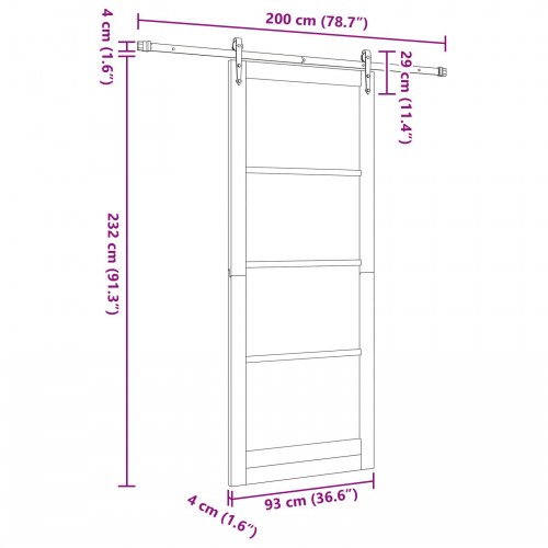 Glide dør med hardware sæt hvid 93x232 cm solid fyrretræ, indvendig dør 'ORKDAL'hvid 93x232x4 cm solid fyrretræ