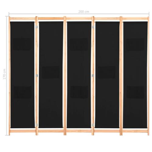 5-panels rumdeler 200 x 170 x 4 cm stof sort