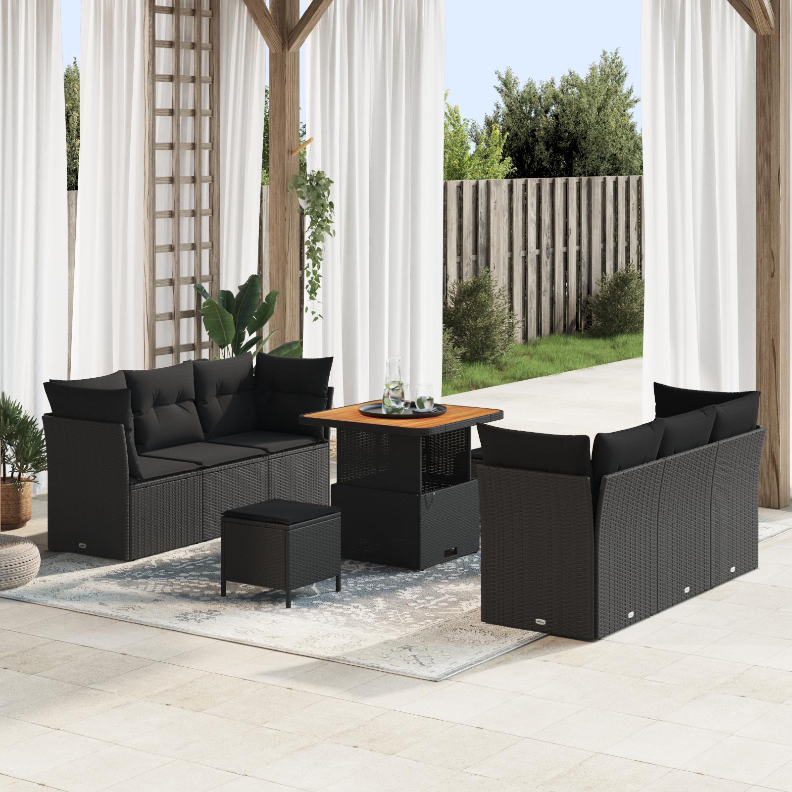 Havesofa Sæt 9 stk Sort Polyrattan og pulverlakeret stål