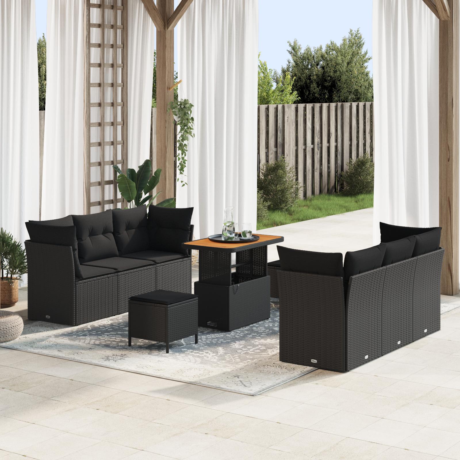 Havesofa Sæt 9 stk Sort Polyrattan og pulverlakeret stål