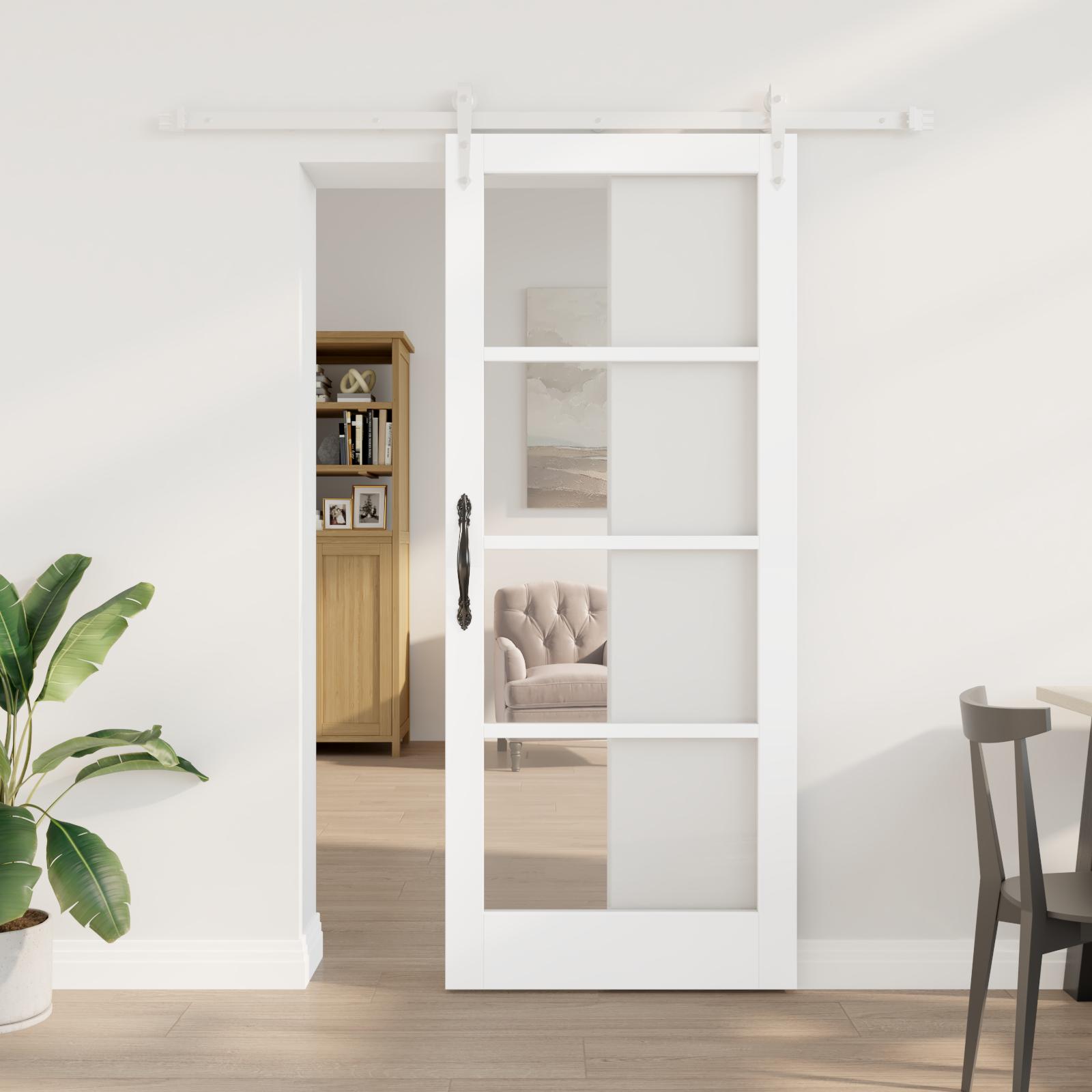 Skydedør i hvid 83 × 202 cm - massivt fyrretræ og glas
