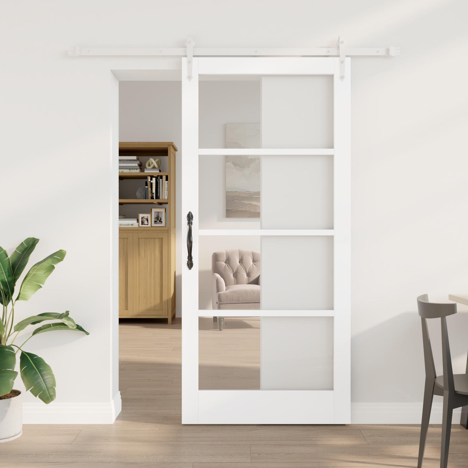 Skydedør i hvid 93 × 202 cm - massivt fyrretræ og glas