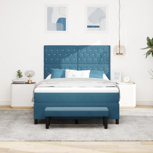 Kontinentalseng med hovedgavl i fløjl - mørkeblå 140x200 cm inkl. madras, topmadras og bænk
