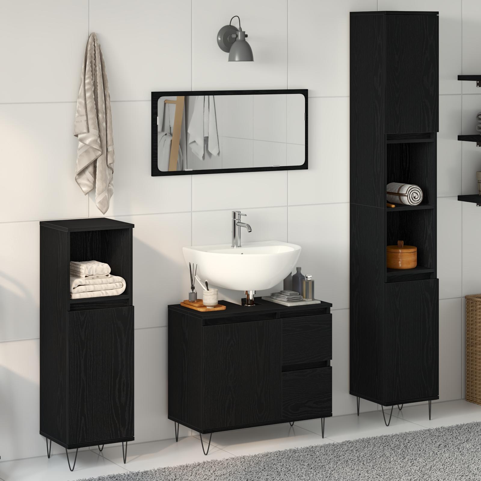 Badeværelsesmøbel sæt med skuffe 3 pcs Sort eg 30 x 30 x 190 cm