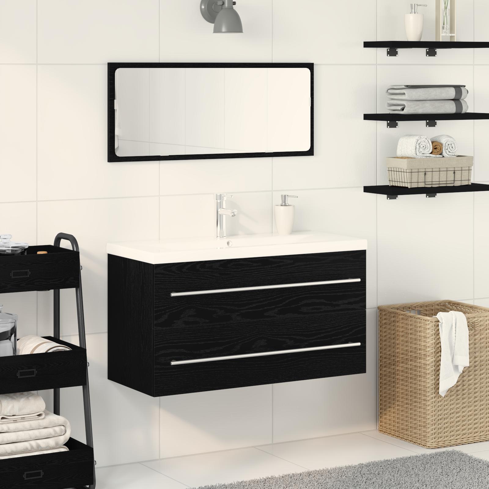 Vaskeskab med vask med skuffe 3 stk Sort eg 90 x 38.5 x 48 cm