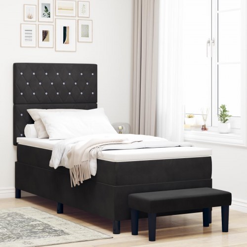 Box Spring Seng med Madras & Bænk Sort 90x200 cm Fløjl