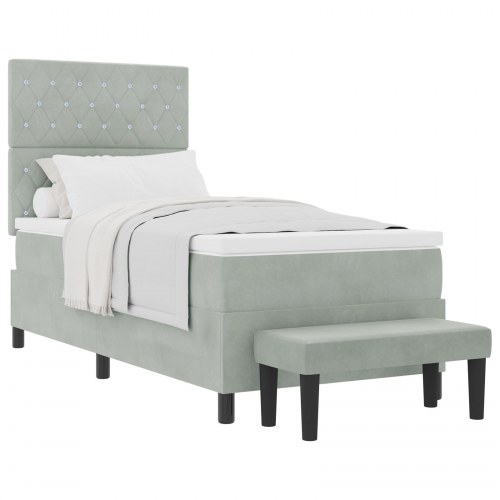 Box Spring Seng med Madras & Bænk Lys Grå 100x200 cm Fløjl