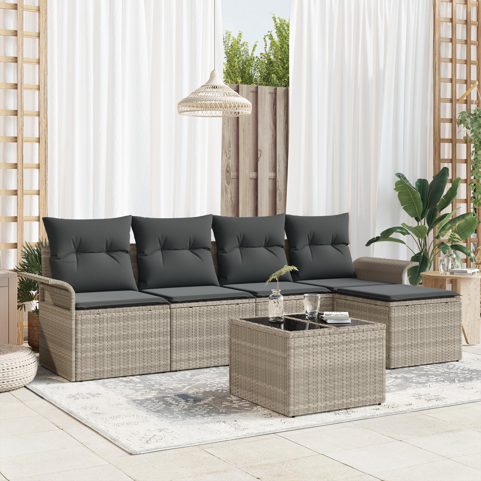 Havesofa Sæt med pude 6 stk Lysegrå Poly rattan