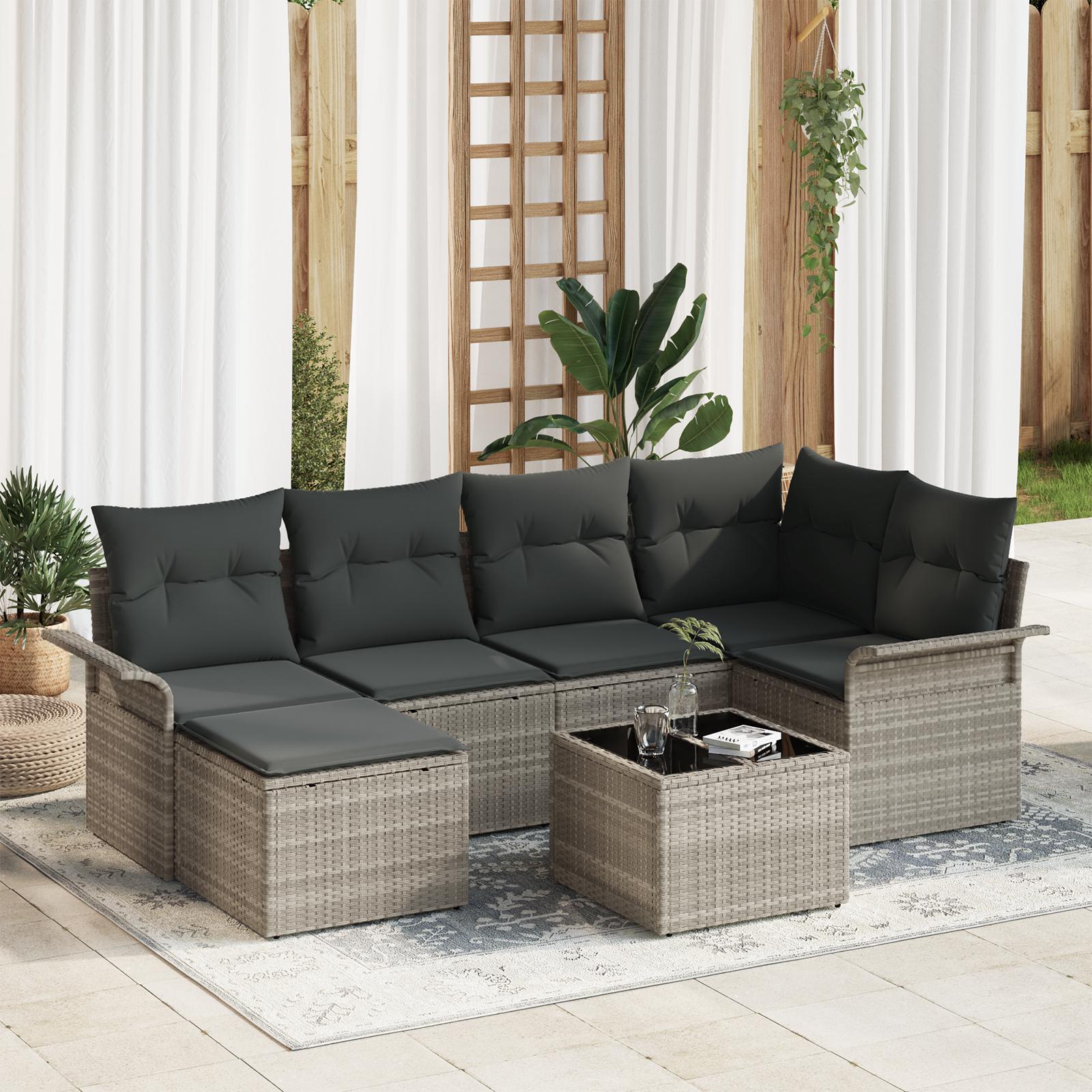 Havesofa Sæt med pude 7 stk Lysegrå Poly rattan