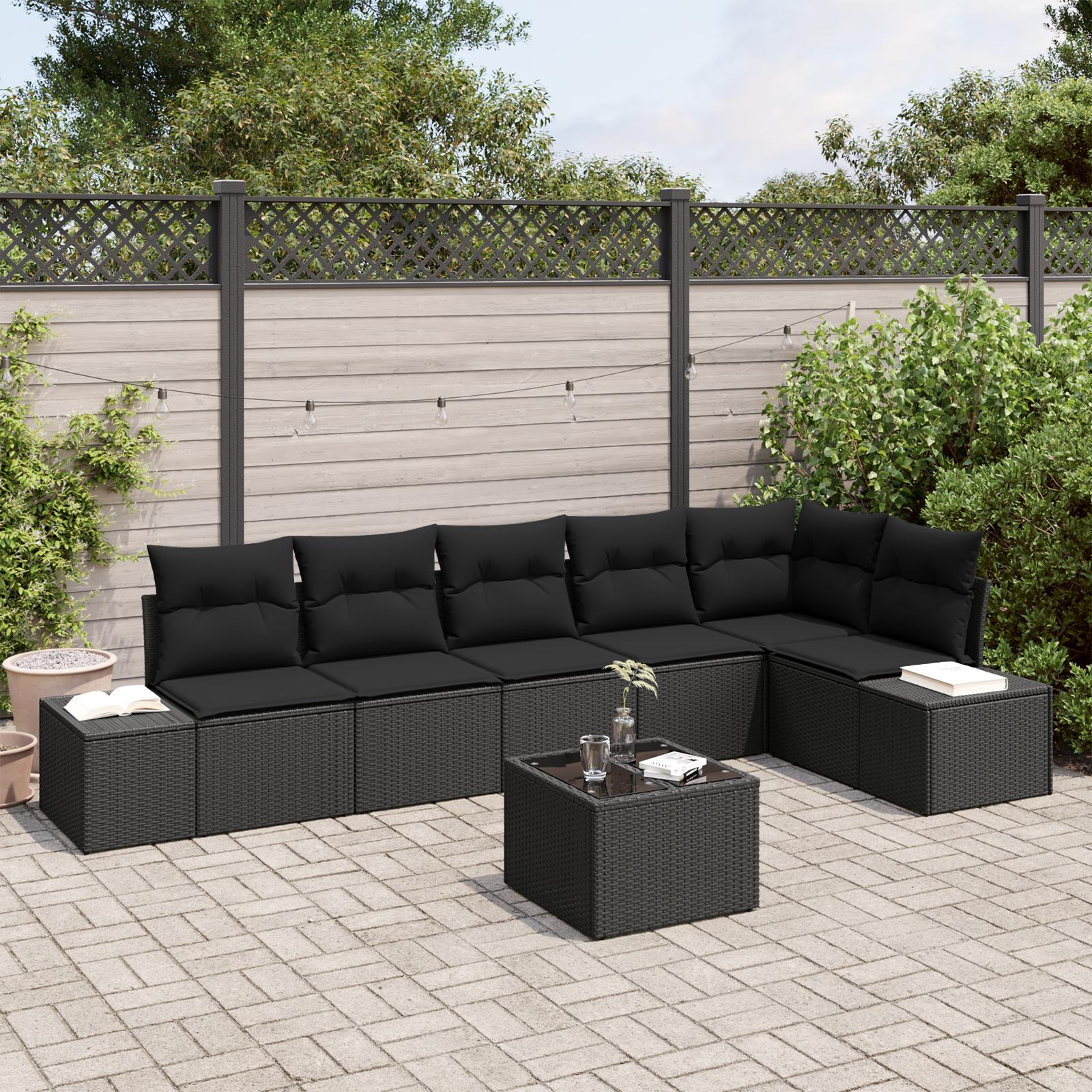 Havesofa Sæt 7 stk Sort Poly Rattan og pulverlakeret stål