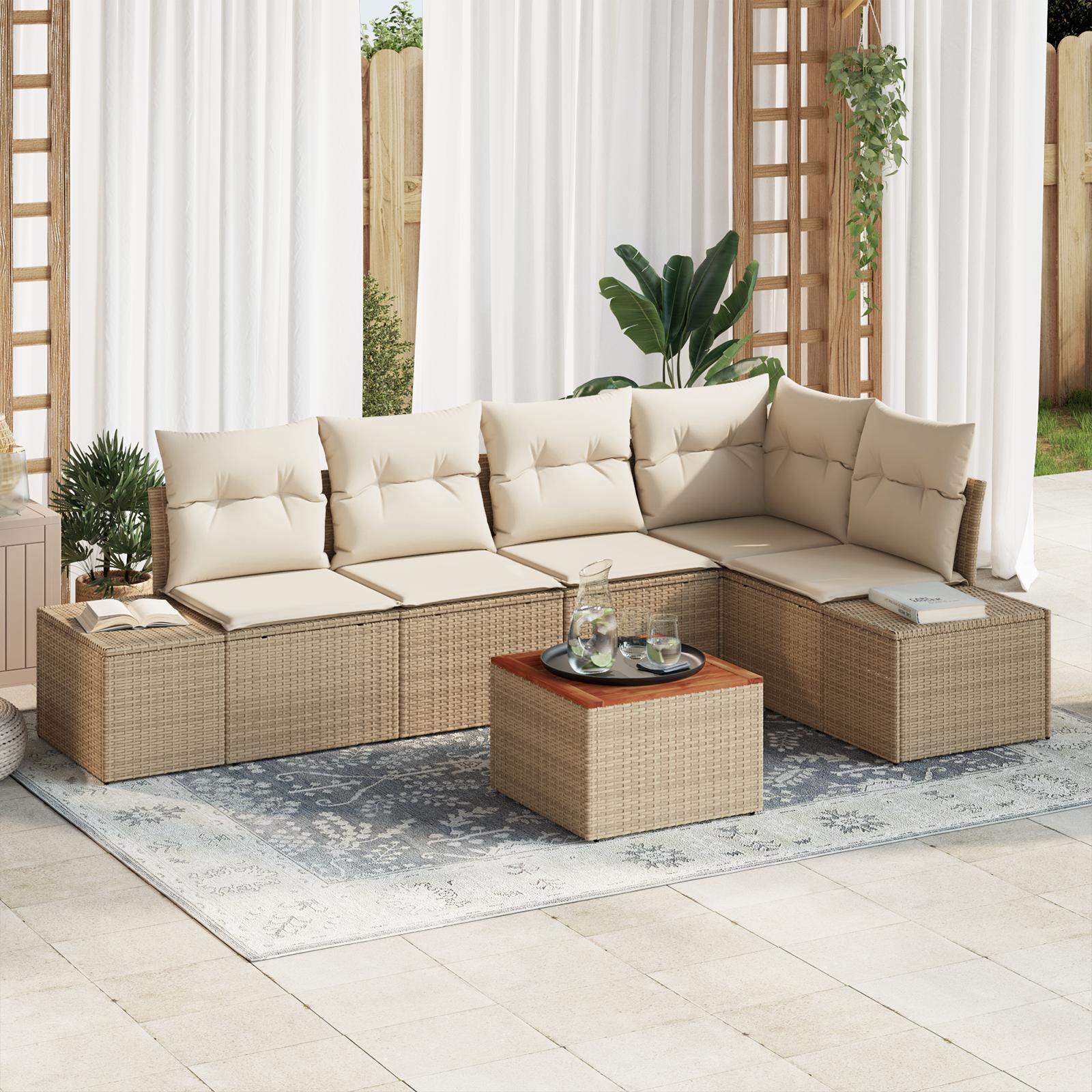Havesofa sæt med opbevaring - 6 dele i beige/creme polyrattan