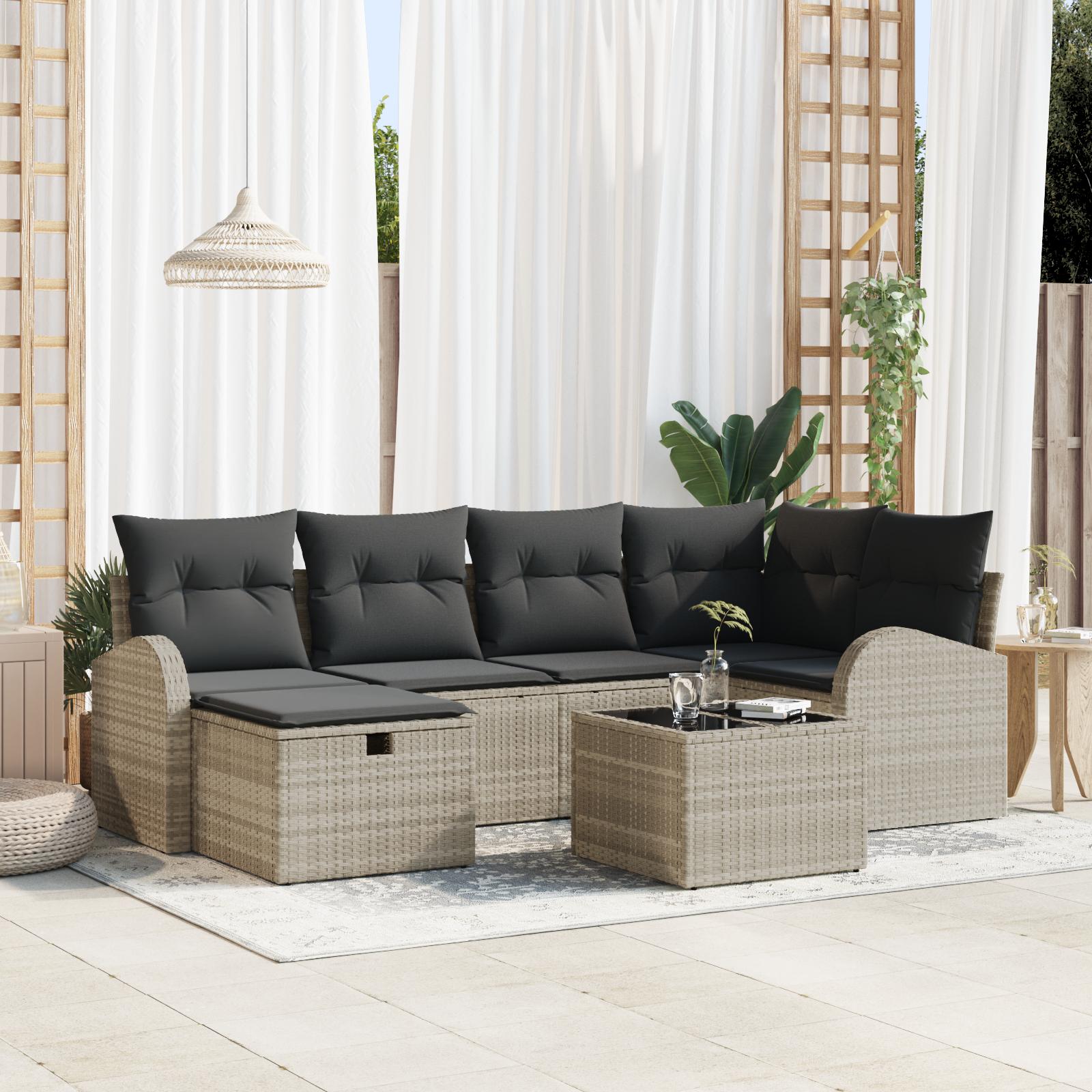 Sofa sæt 7 stk. i lysegrå polyrattan til have og terrasse