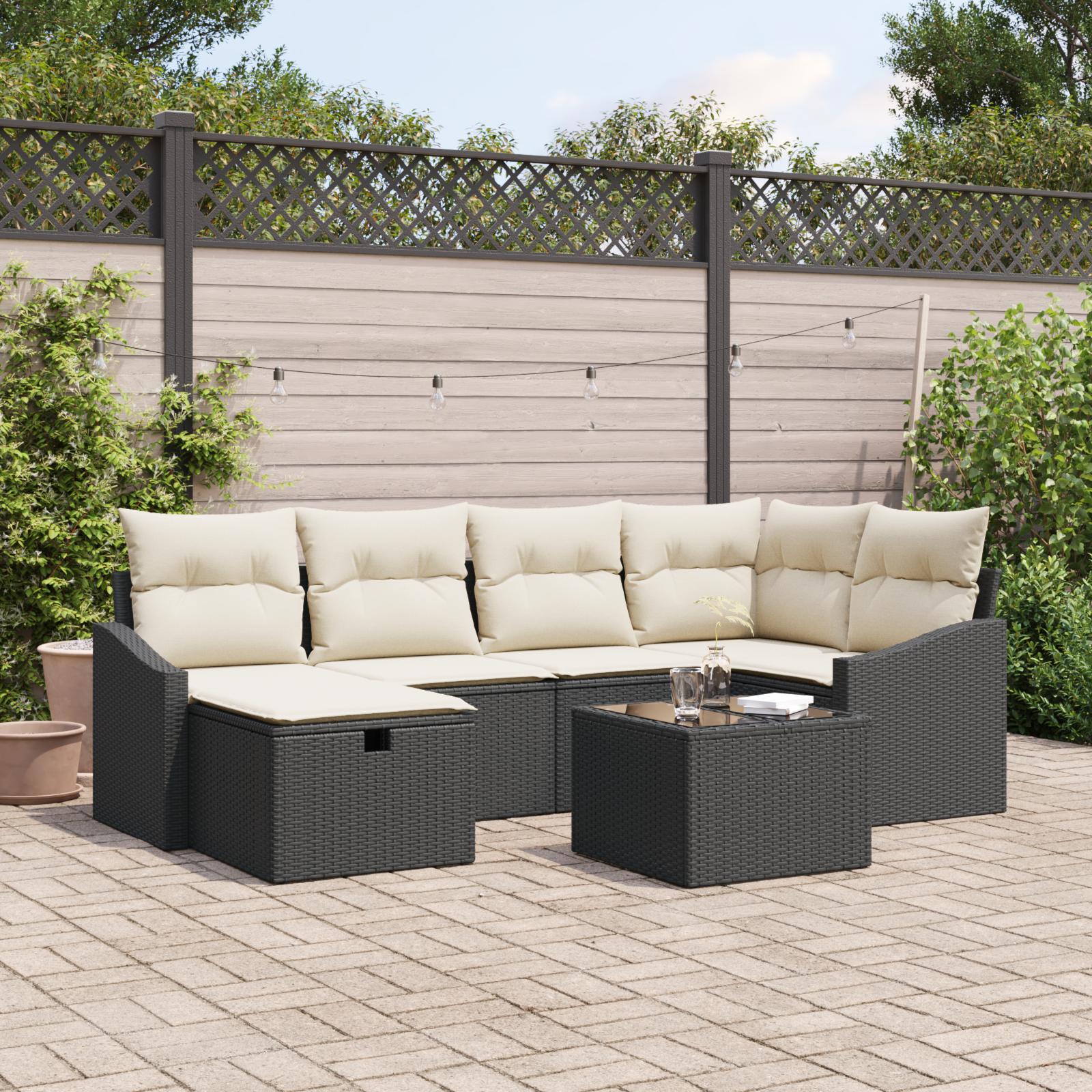 Havesofa Sæt med pude 7 stk Sort 55 x 62 x 69 cm Poly rattan