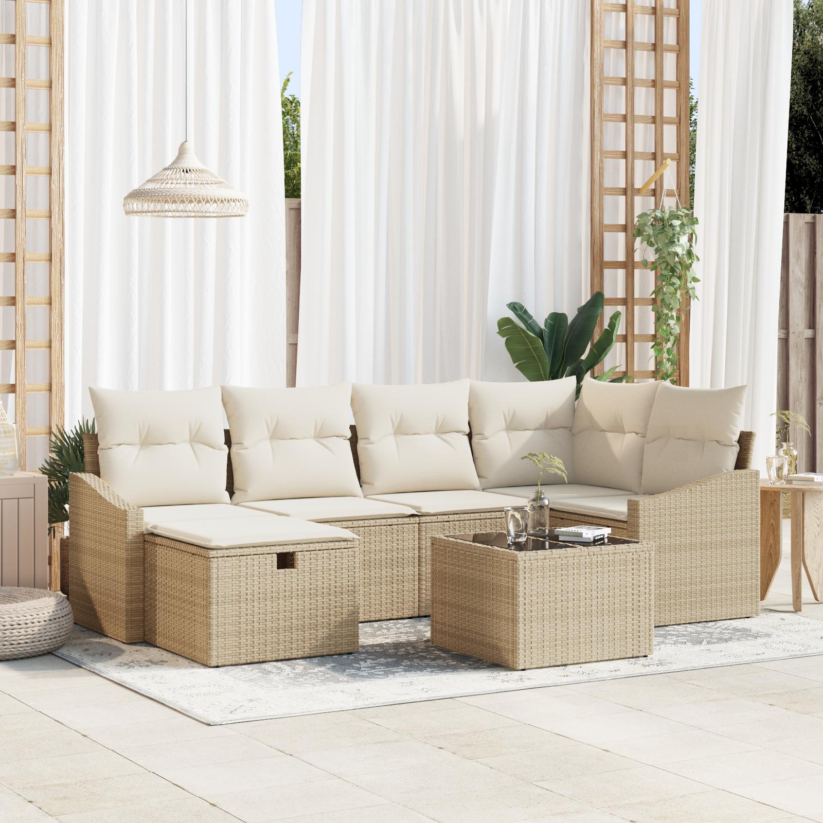 Havesofa Sæt med pude 7 stk Beige 55 x 62 x 69 cm Poly rattan