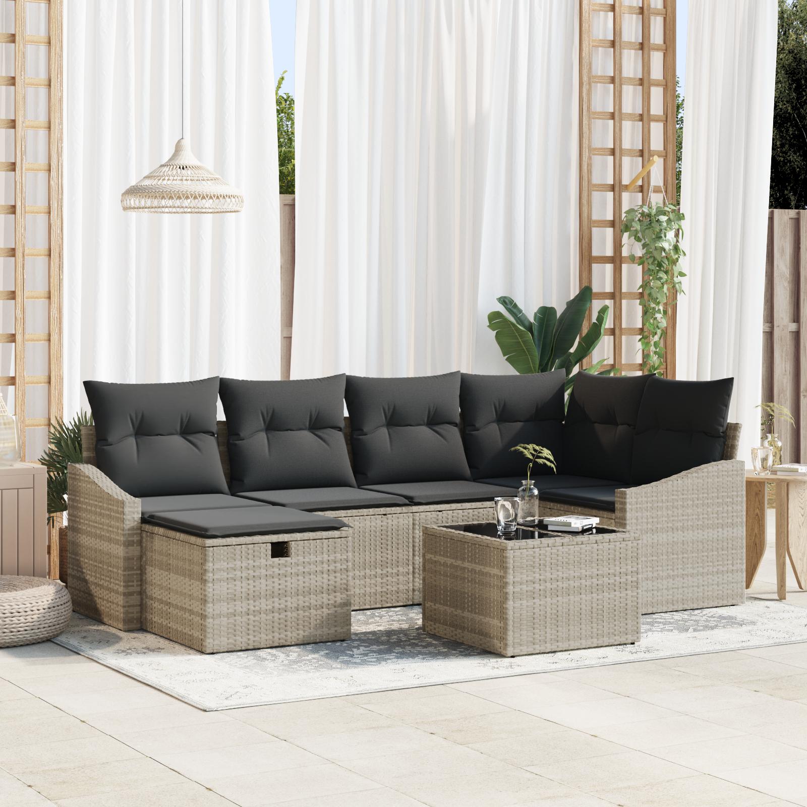 Havesofa Sæt med pude 7 stk Lysegrå 55 x 62 x 69 cm Poly rattan