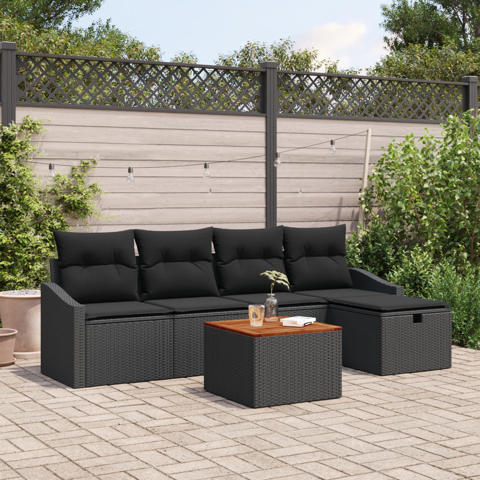 6-delt Have Sofa Sæt med Puder Sort Poly Rattan