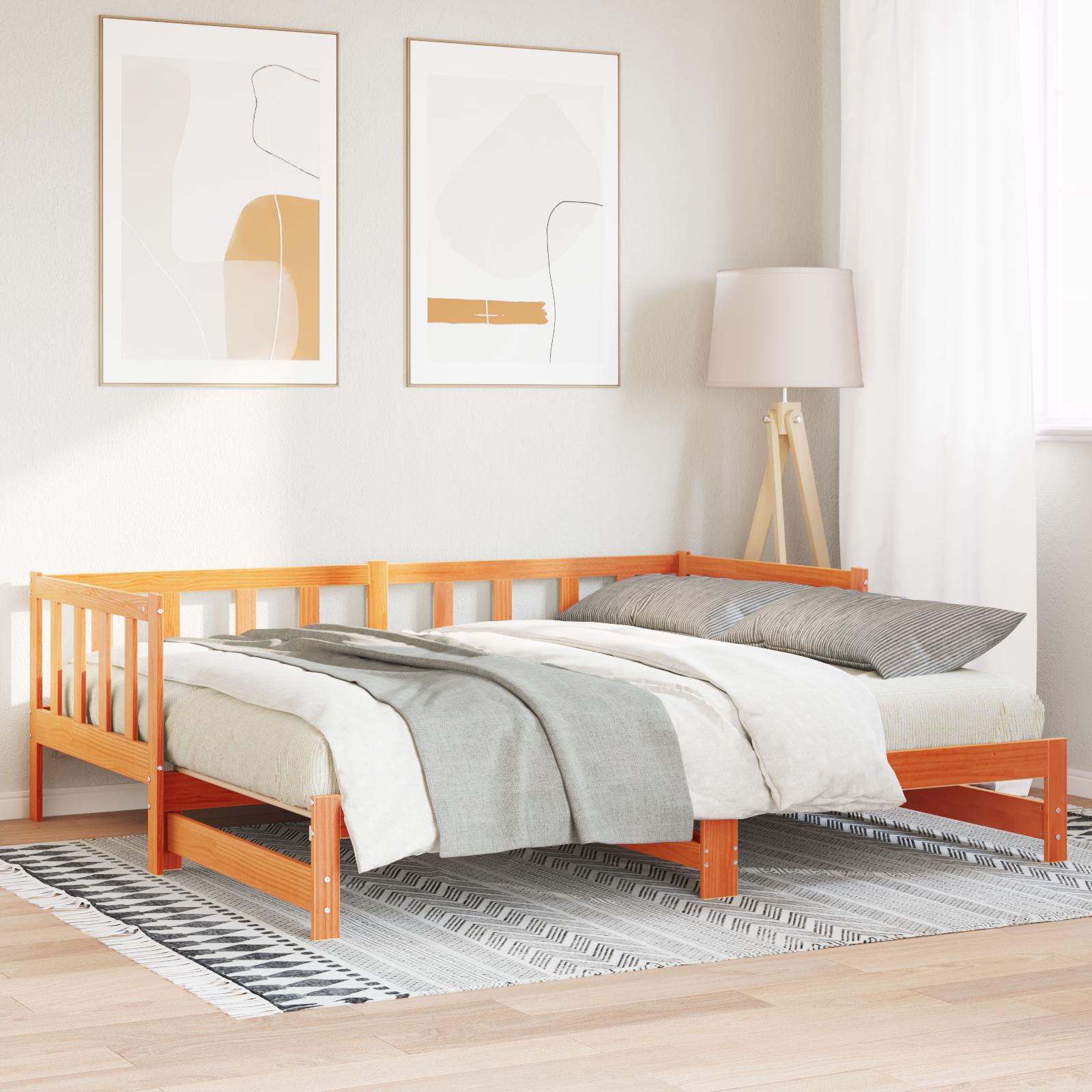 Dagseng med trundle i massivt fyr - voks brun, 203,5 × 184 × 66 cm