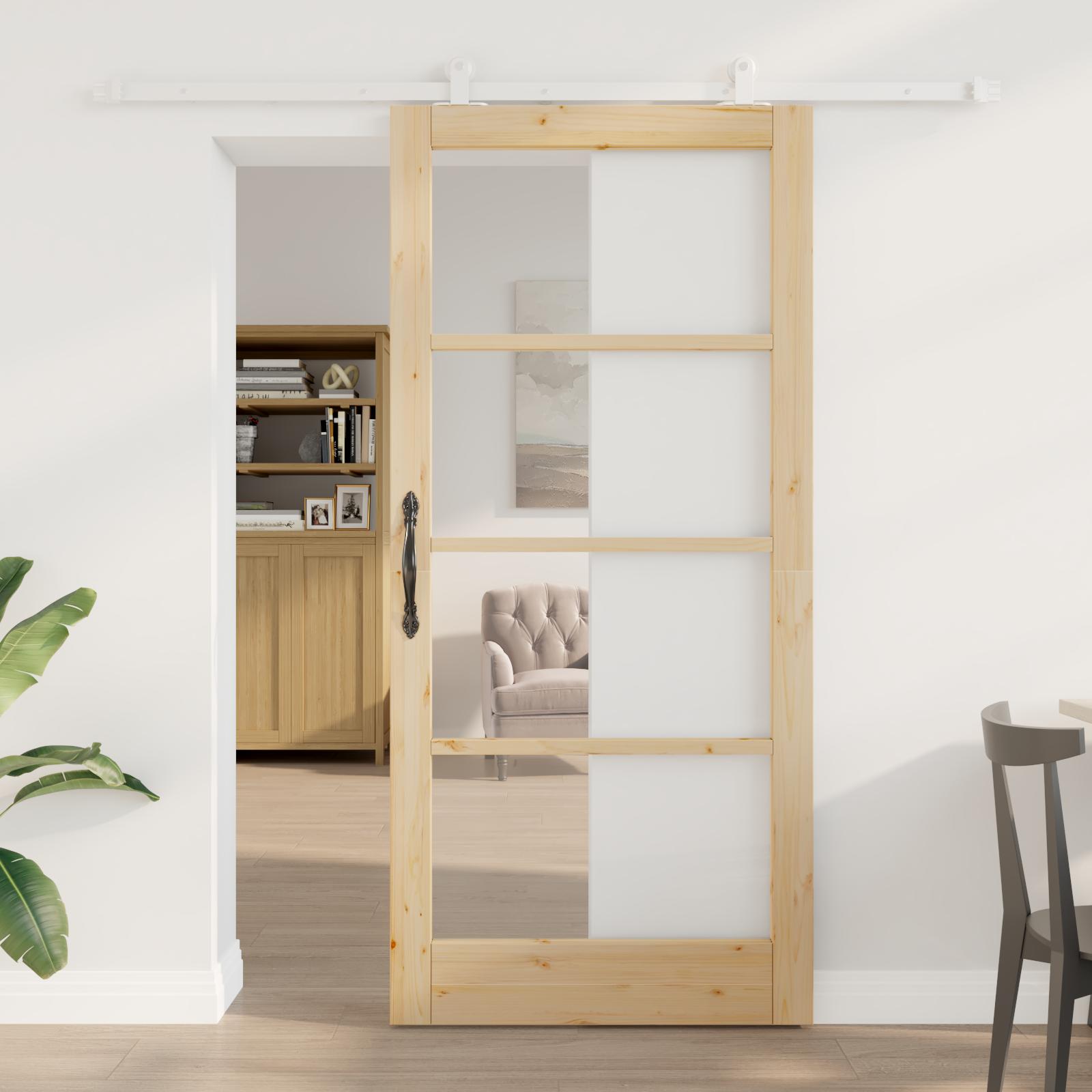 Skydedør ORKDAL i fyrretræ med glas - natur, 93 × 202 cm
