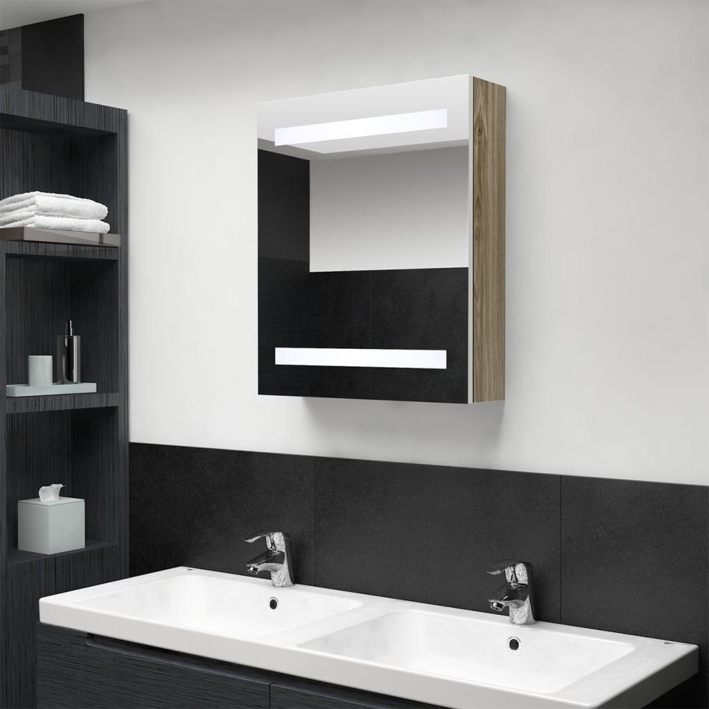 Badeværelsesskab med spejl + LED-lys 50x14x60 cm egetræ og hvid