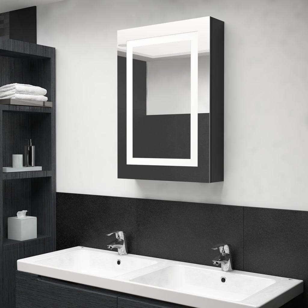 Badeværelsesskab med spejl + LED-lys 50x14x70 cm skinnende sort