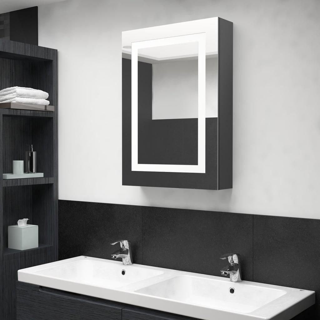Badeværelsesskab med spejl + LED-lys 50x13x70 cm blank grå