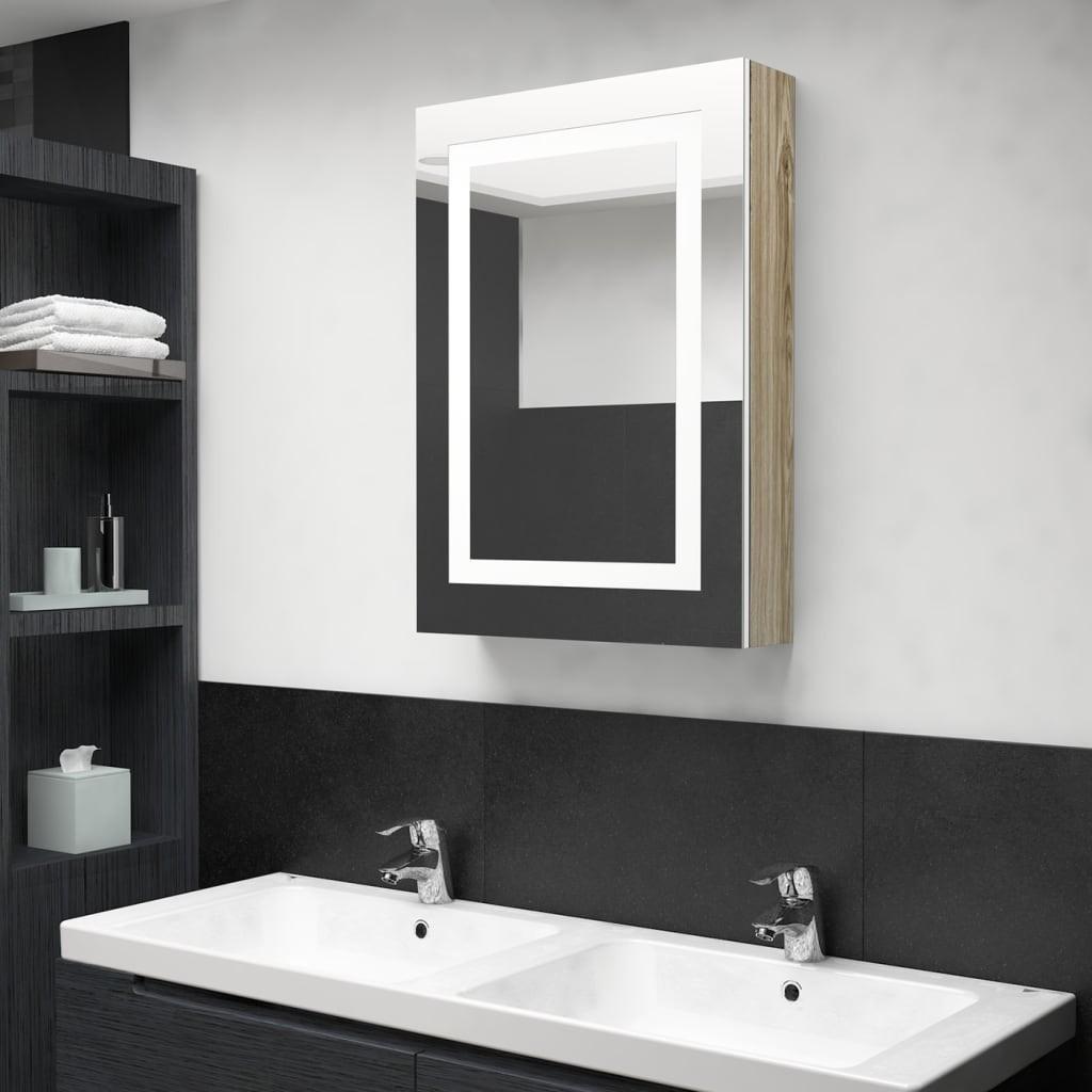 Badeværelsesskab med spejl + LED-lys 50x13x70 cm hvid og egetræ