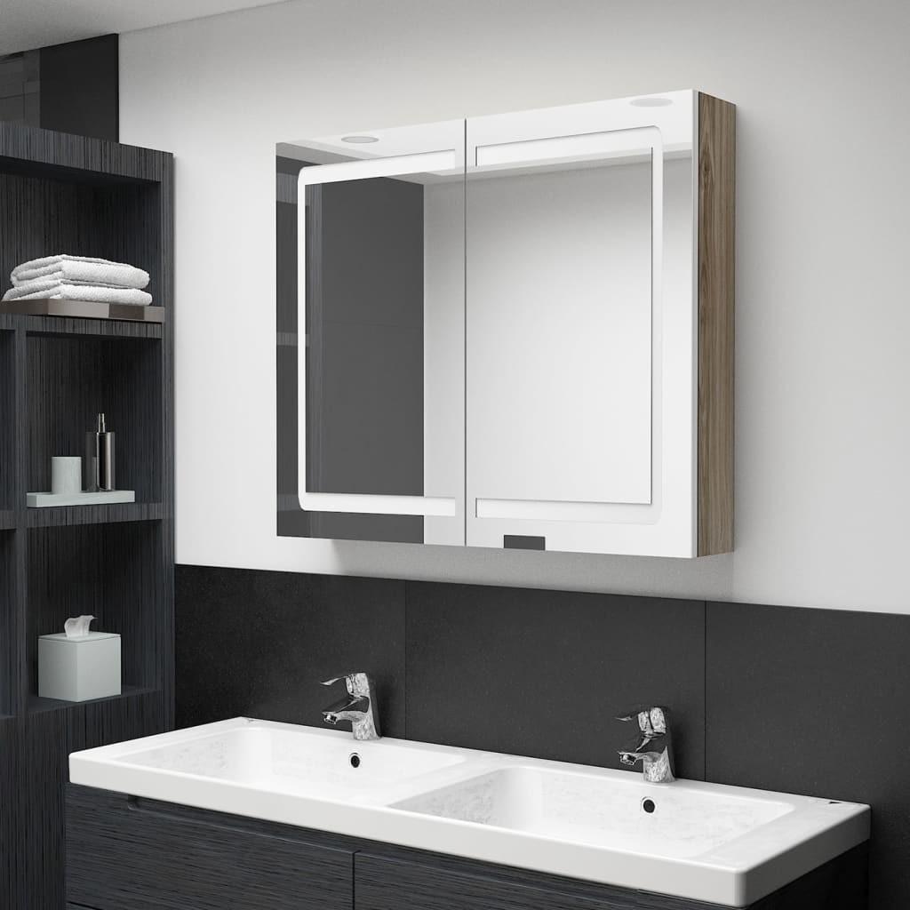 Badeværelsesskab med spejl + LED-lys 80x12x68 cm egetræ og hvid