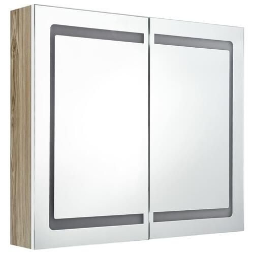 Badeværelsesskab med spejl + LED-lys 80x12x68 cm egetræ og hvid