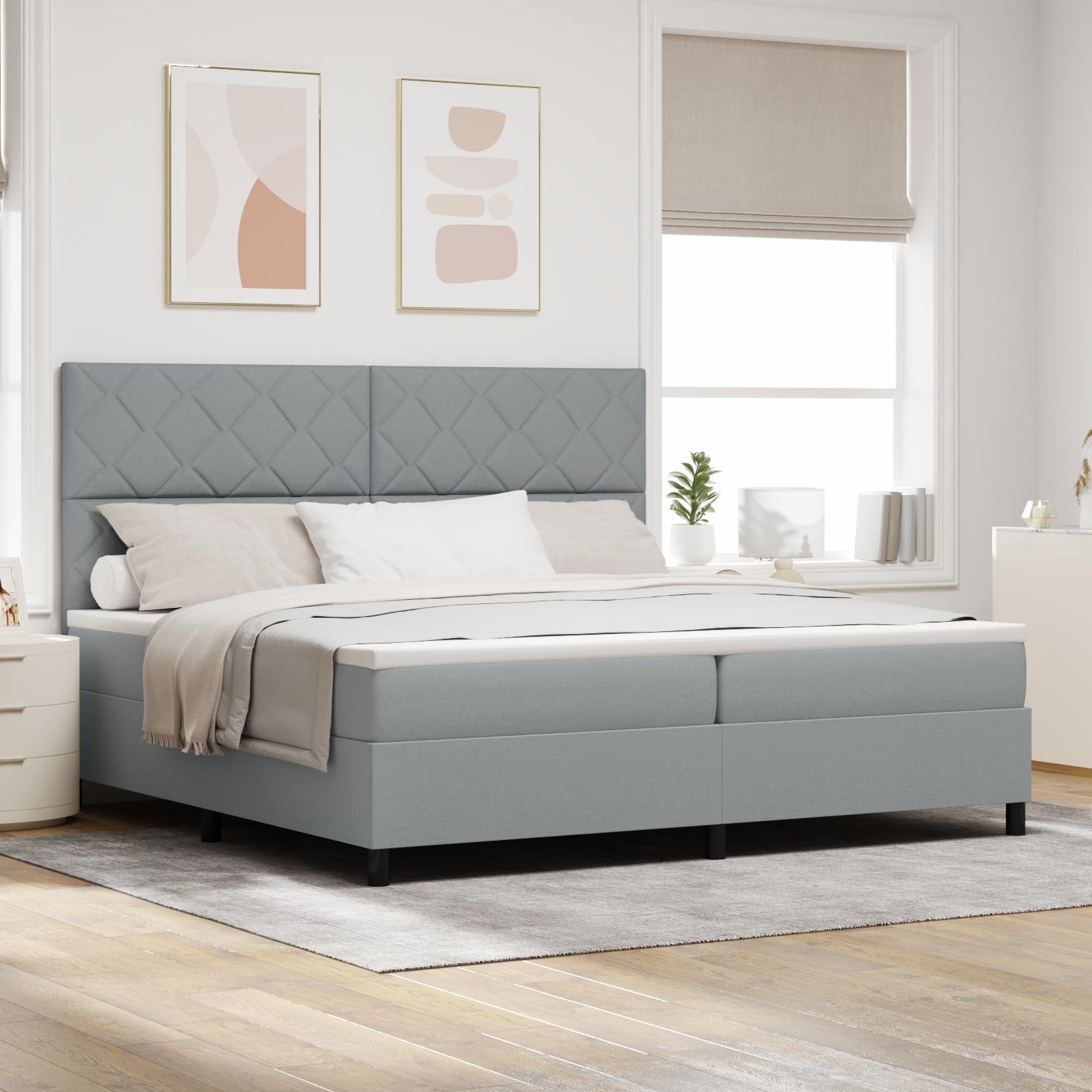Boxspring Seng Med Madras & Led Lys Grå 200x200 Cm Stof
