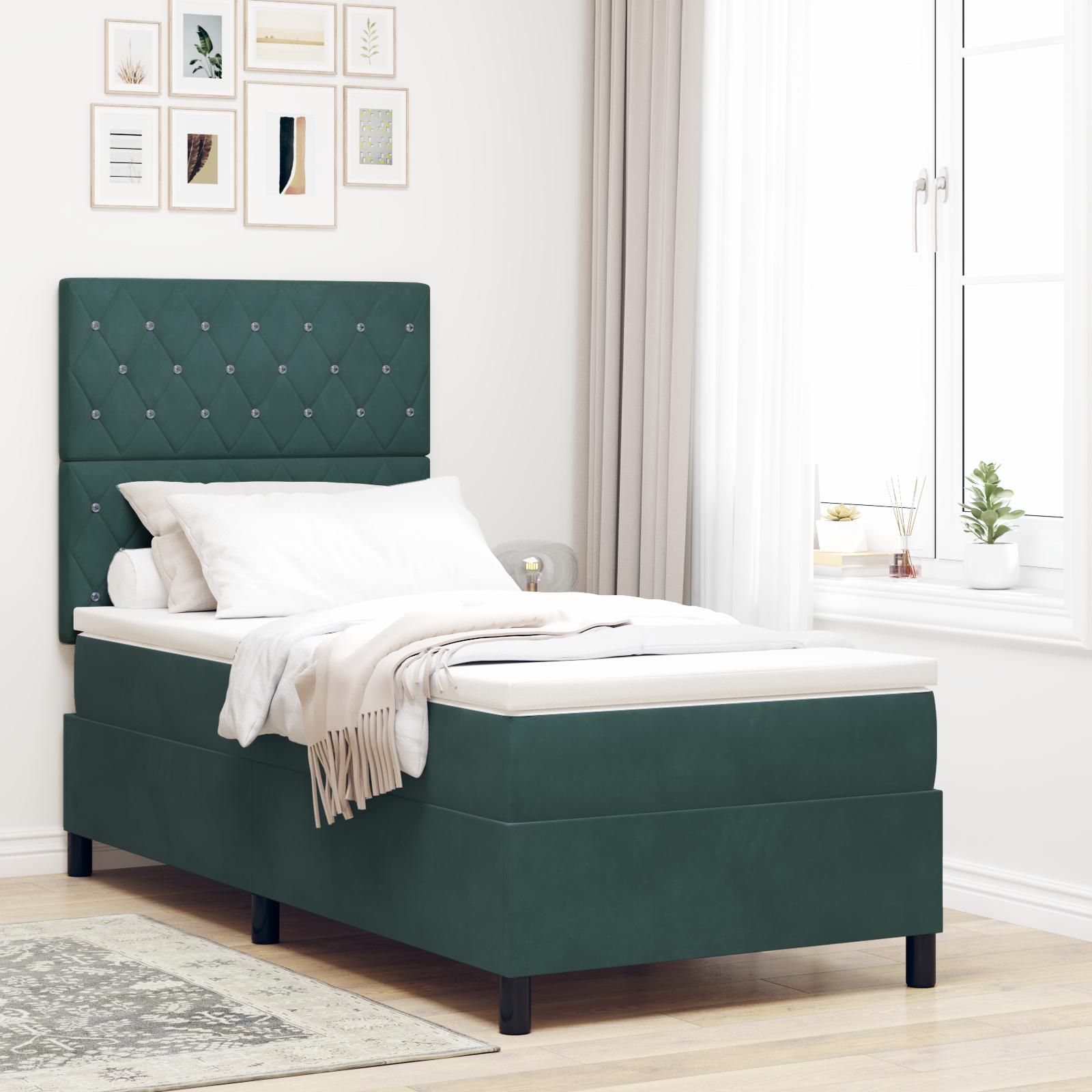 vidaXL LED Box Spring Bed med madras Mørkegrøn 90 x 190 cm Fløjl