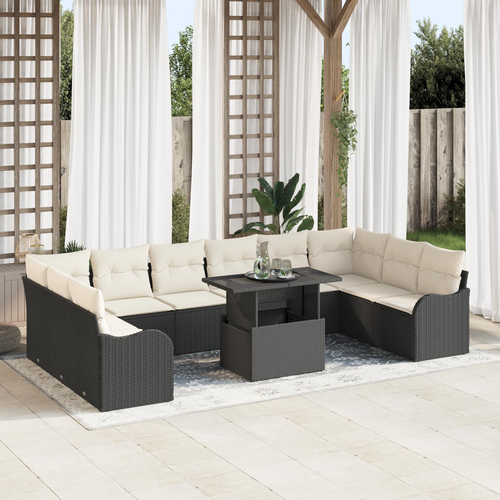 Modulært havesofa sæt med puder - 11 dele, sort polyrattan