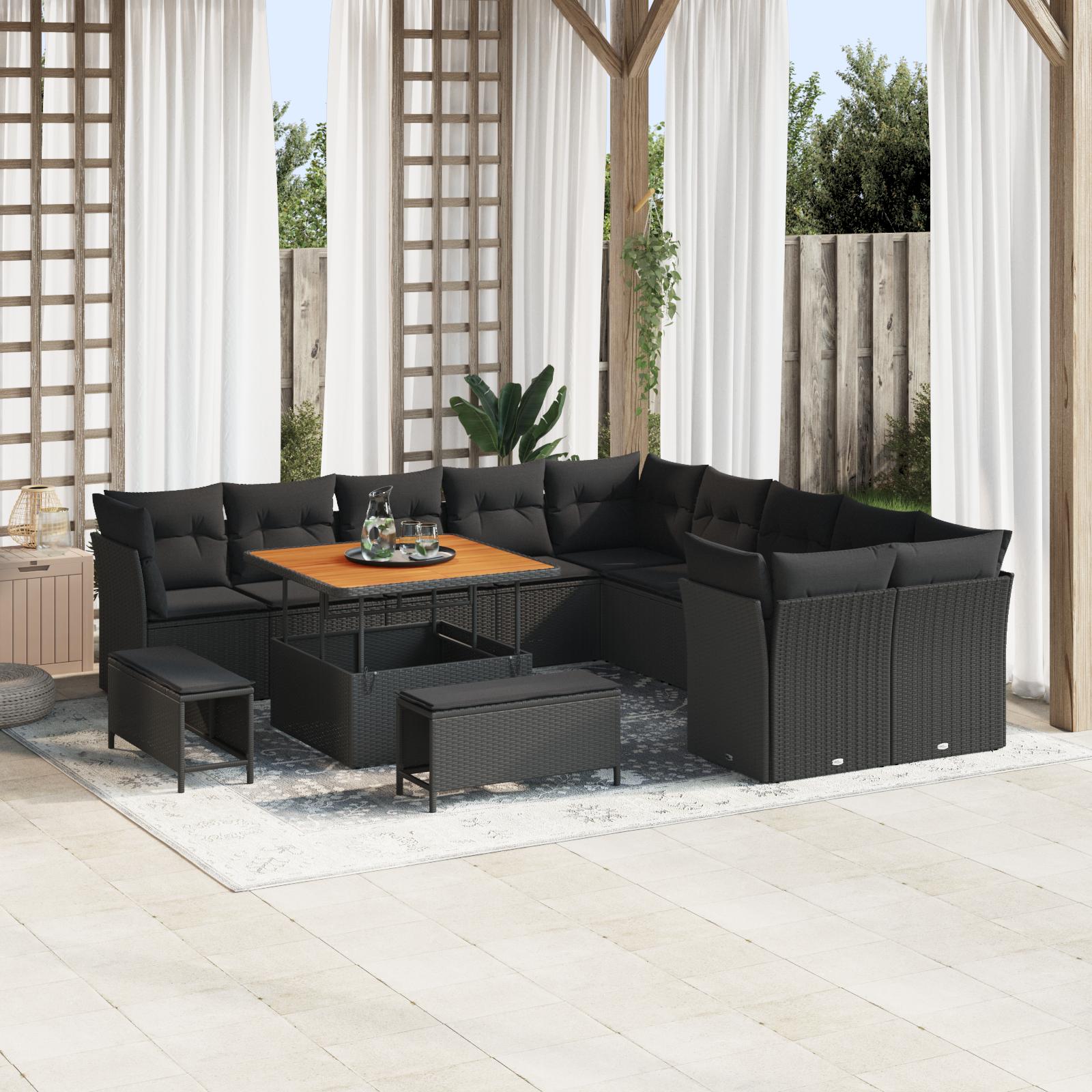 Havesofa sæt 13 dele i sort polyrattan - modulært loungesæt til terrasse og have