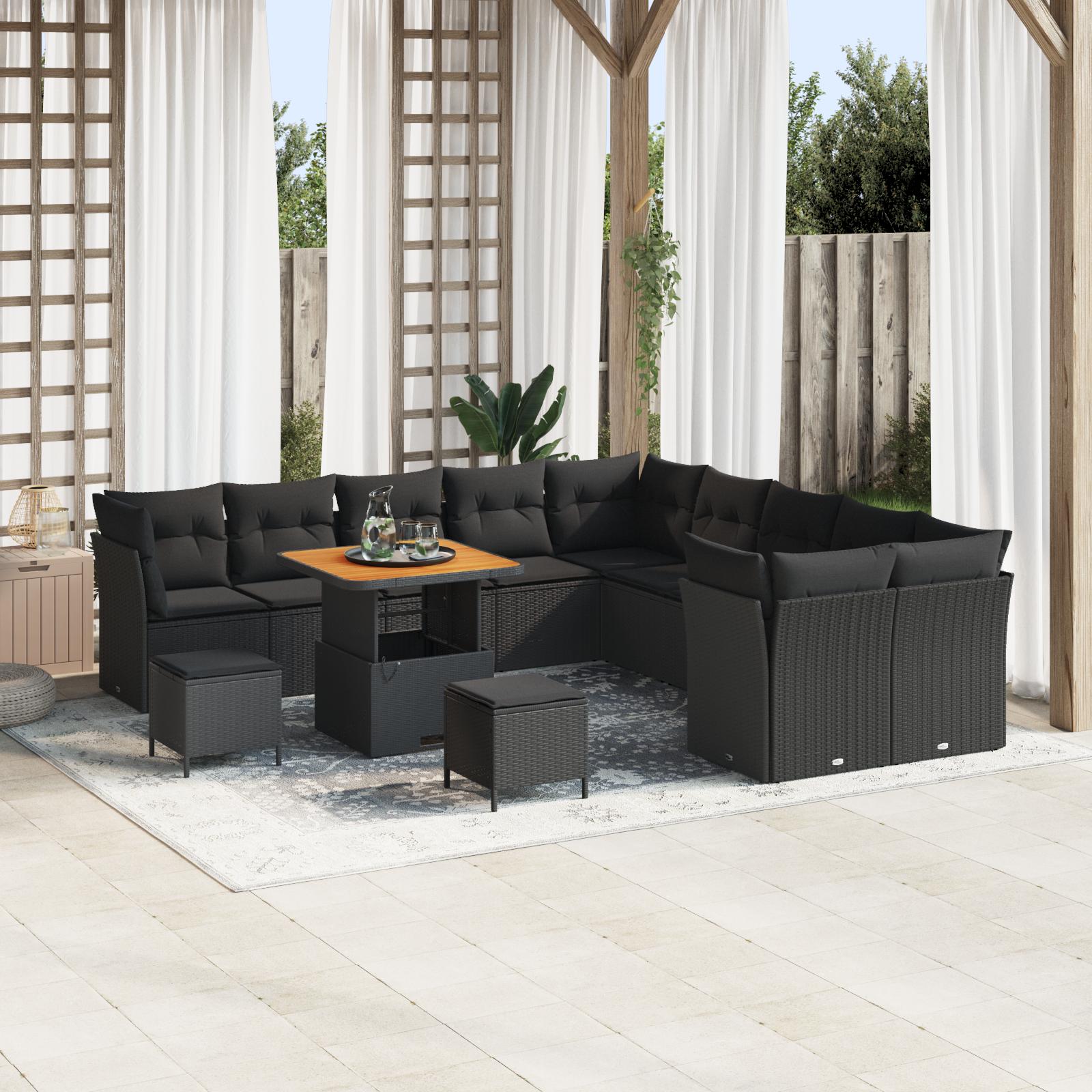 Havesofa sæt i sort polyrattan - 13 dele, modulært loungesæt til terrasse og have
