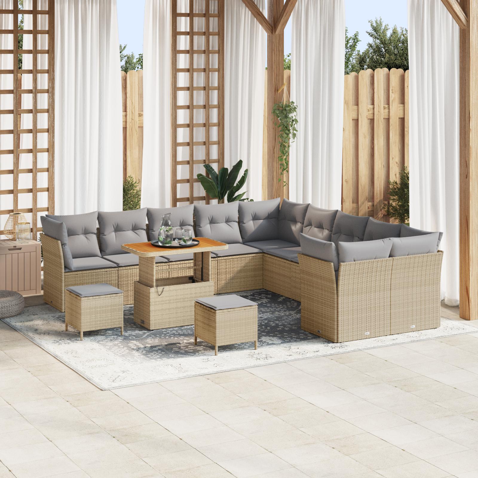 Havesofa sæt i beige polyrattan - 13 dele modulært loungesæt med justerbart bord