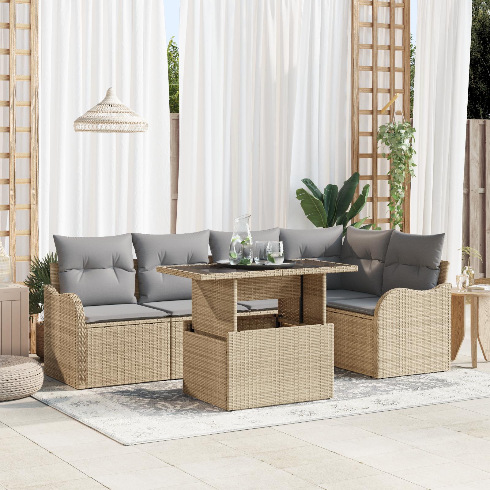 Havesofa Sæt med pude 6 stk Beige 100 x 55 x 73 cm Poly rattan