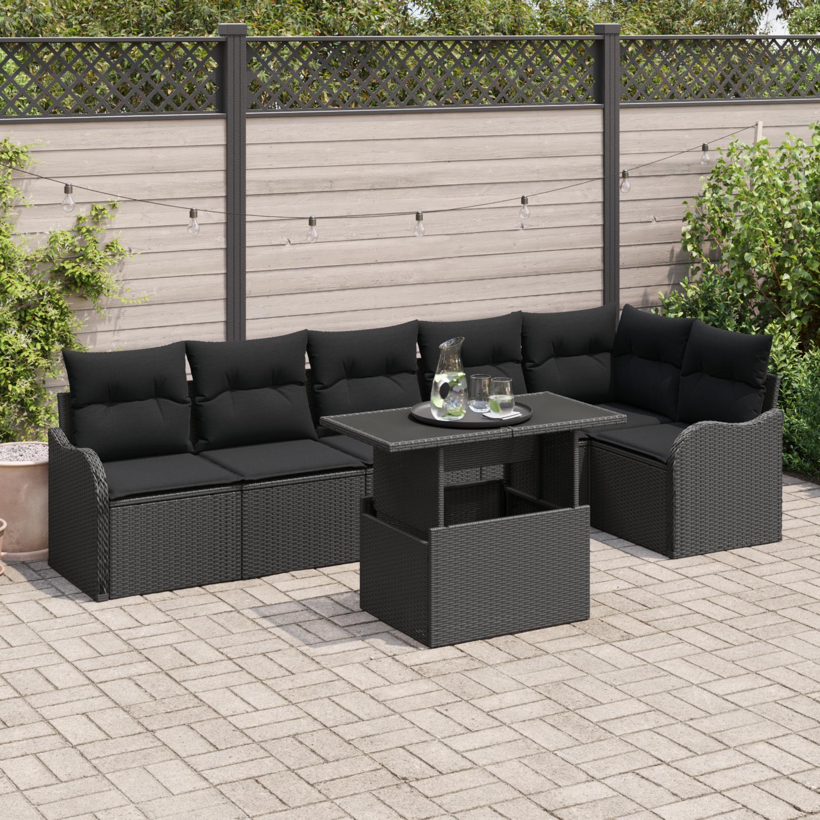 Modulær havesofa med bord - 7 dele i sort poly rattan