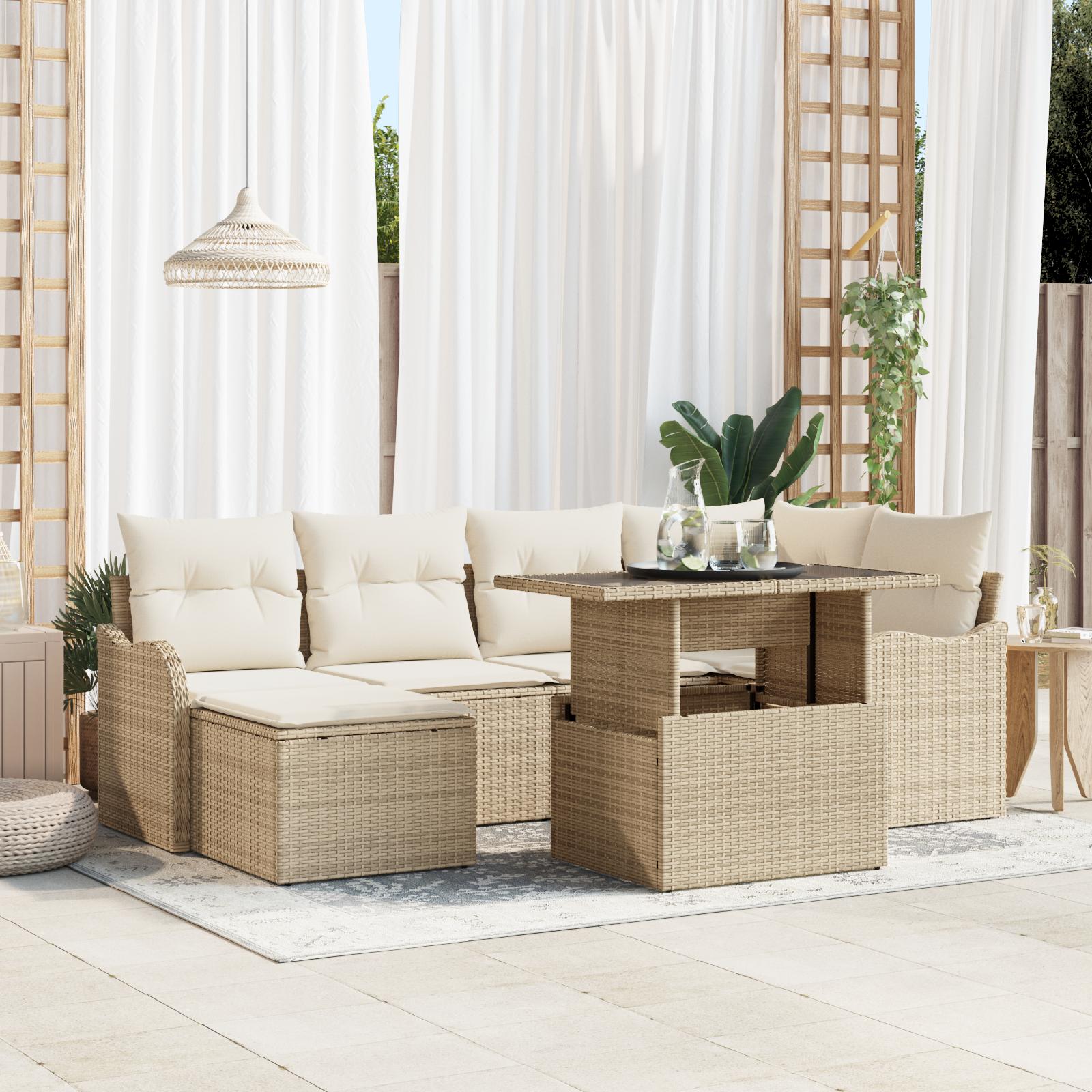 Havesofa Sæt Med Pude Med Opbevaring 7 Dele Poly Rattan - Beige og hvid