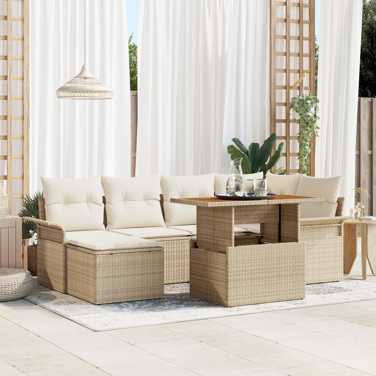 Havesofa sæt med opbevaring - 7 dele i beige polyrattan
