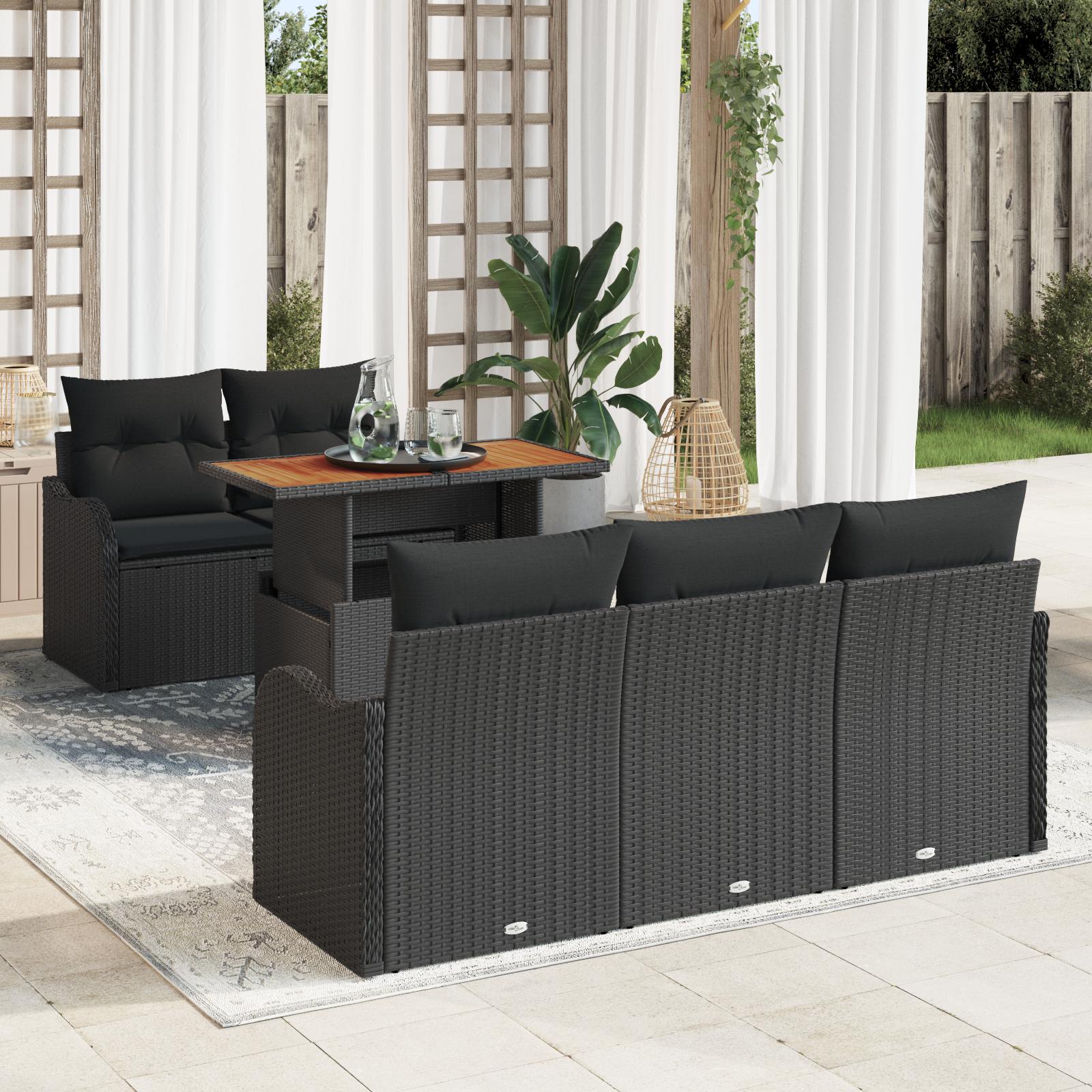Havesofa-sæt med opbevaring, 6 dele - sort polyrattan