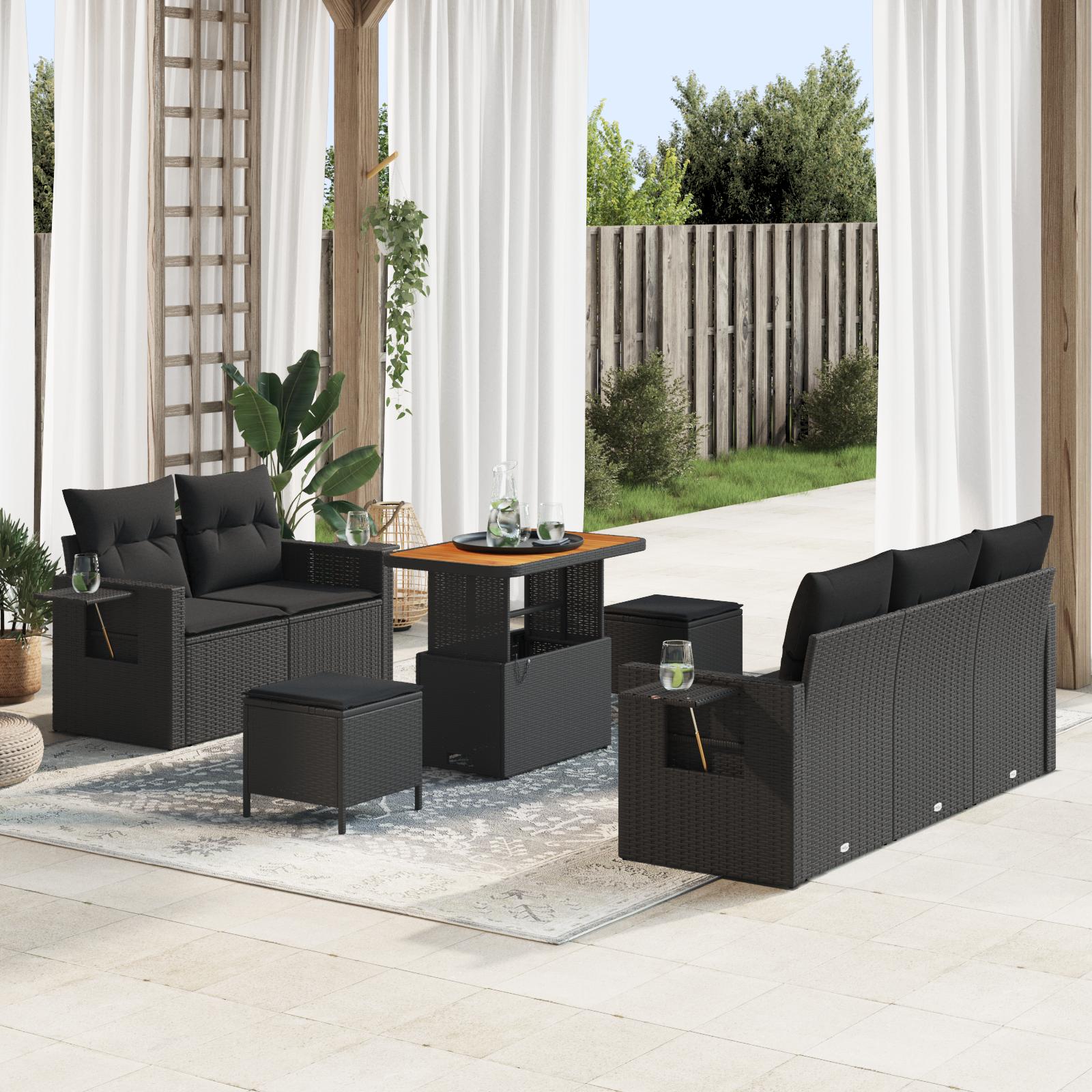 Havesofa Sæt med pude med opbevaring 8 stk Sort 90 x 55 x 71 cm