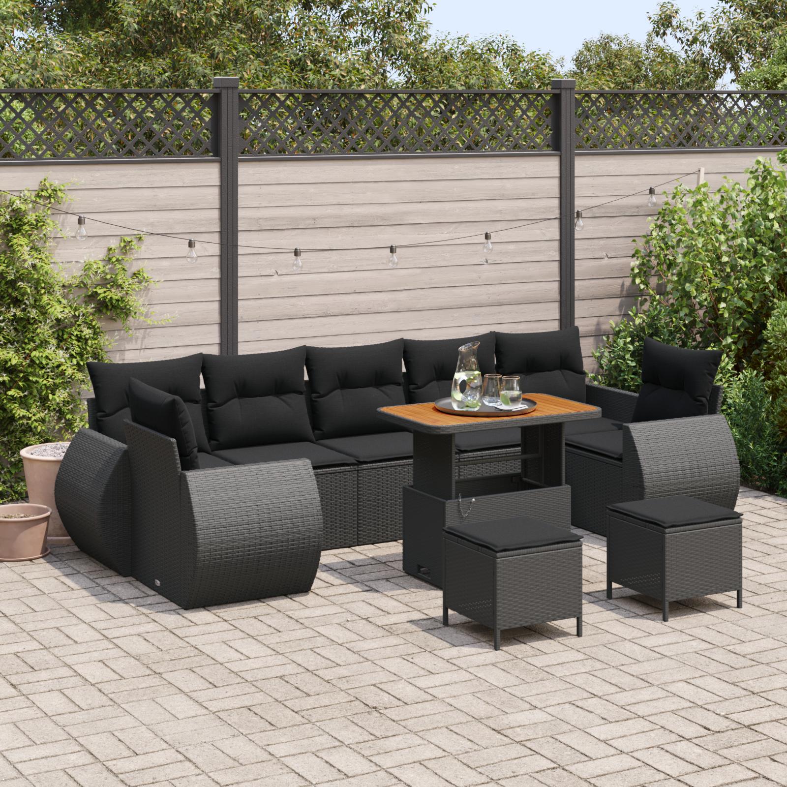 Havesofa Sæt 10 stk Sort Polyrattan og pulverlakeret stål