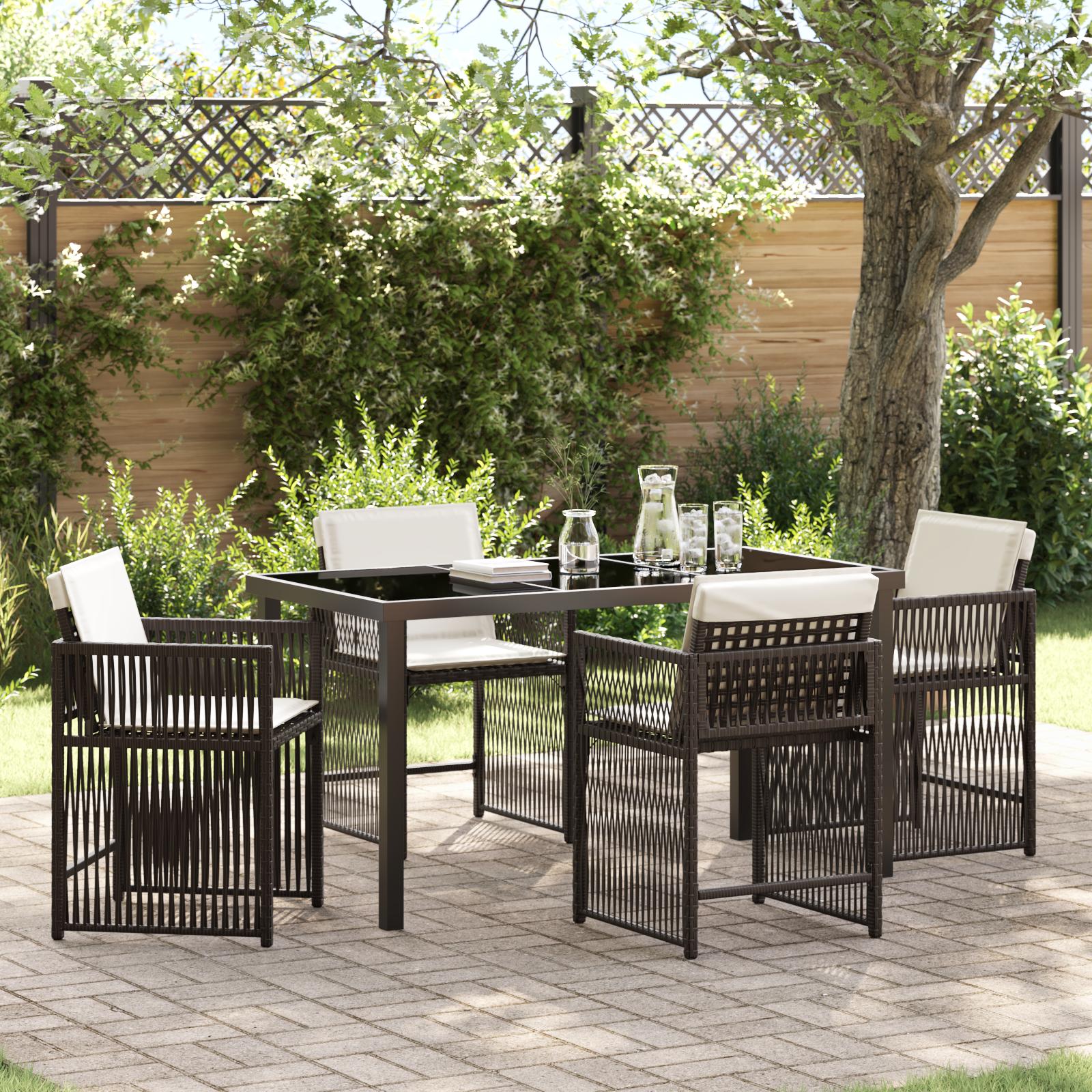 Have spisebordssæt i brun polyrattan - 5 dele med glasbord