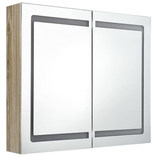 Badeværelsesskab med spejl + LED-lys 80x12x68 cm egetræsfarvet