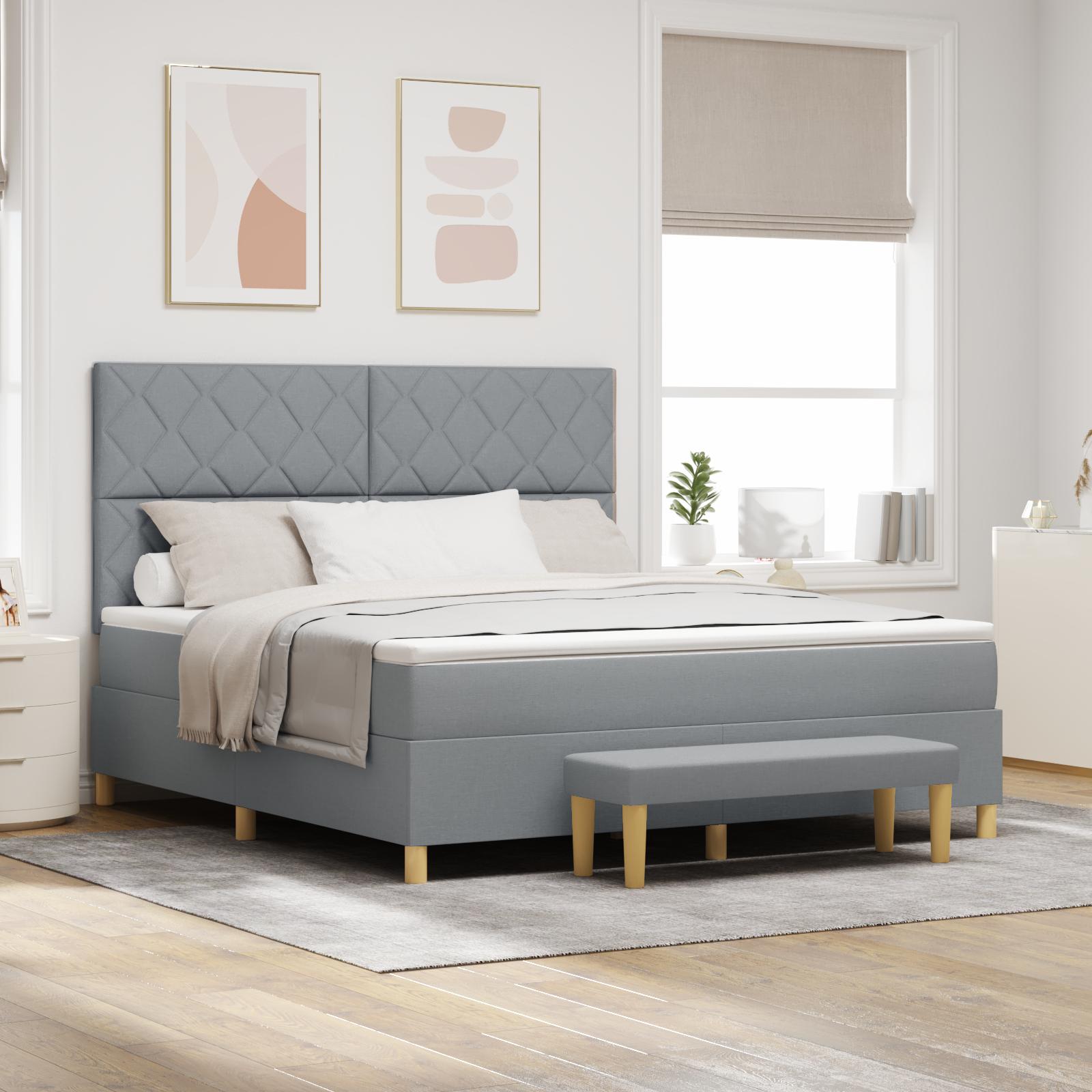 Kontinentalseng med hovedgærde og bænk 180 x 200 cm lysegrå stof