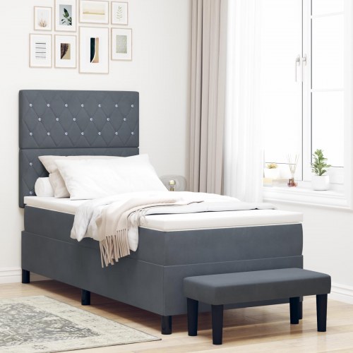 Box Spring Seng med Madras & Bænk Mørkegrå 90x190 cm Velour