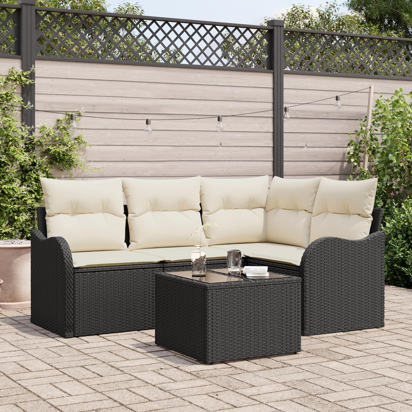 Havesofa Sæt med pude 5 stk Sort Poly rattan
