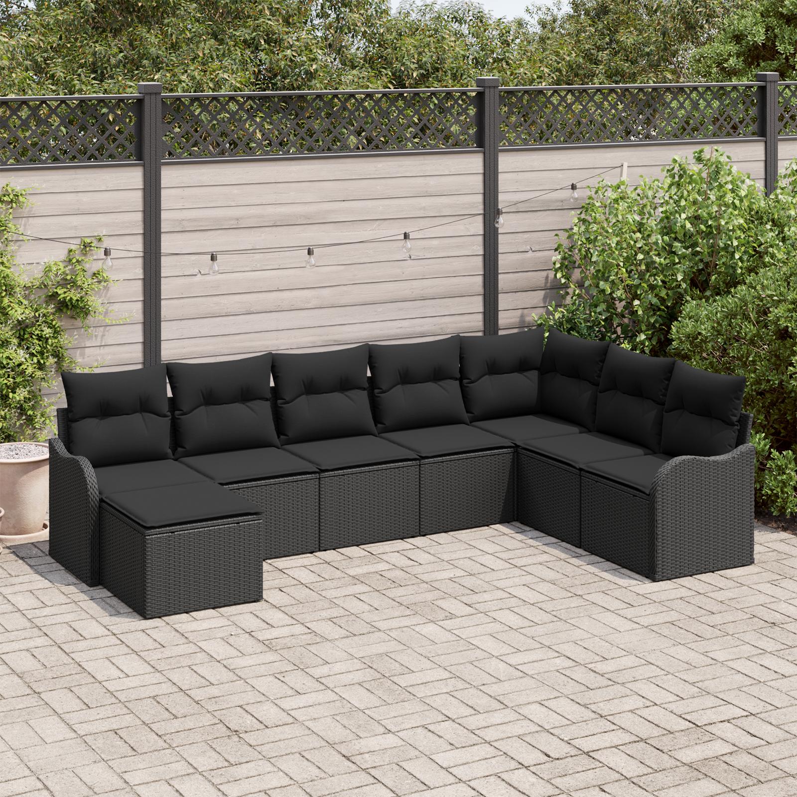 Havesofa Sæt med pude 8 stk Sort Poly rattan