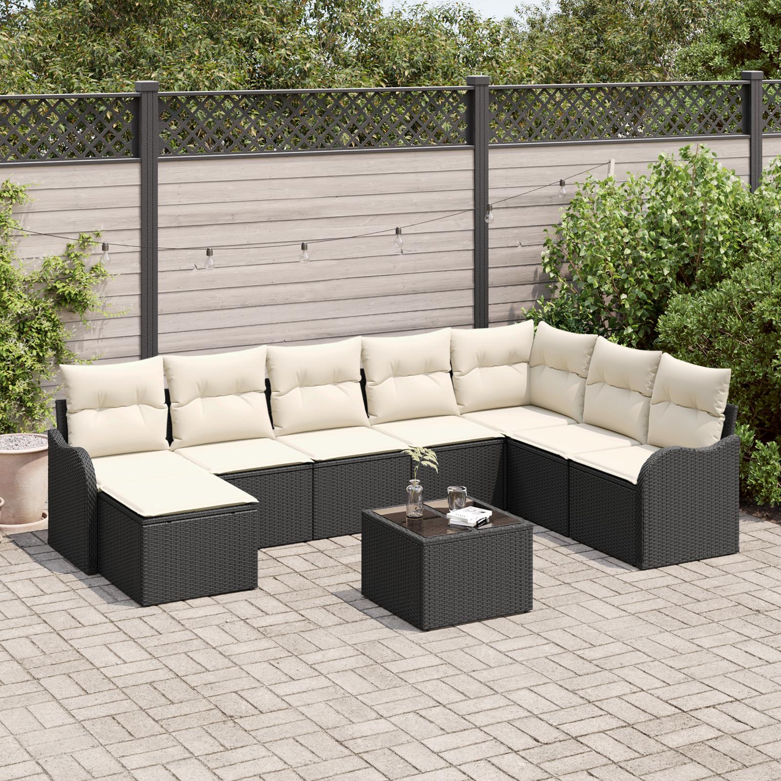 Havesofa Sæt med pude 9 stk Sort Poly rattan