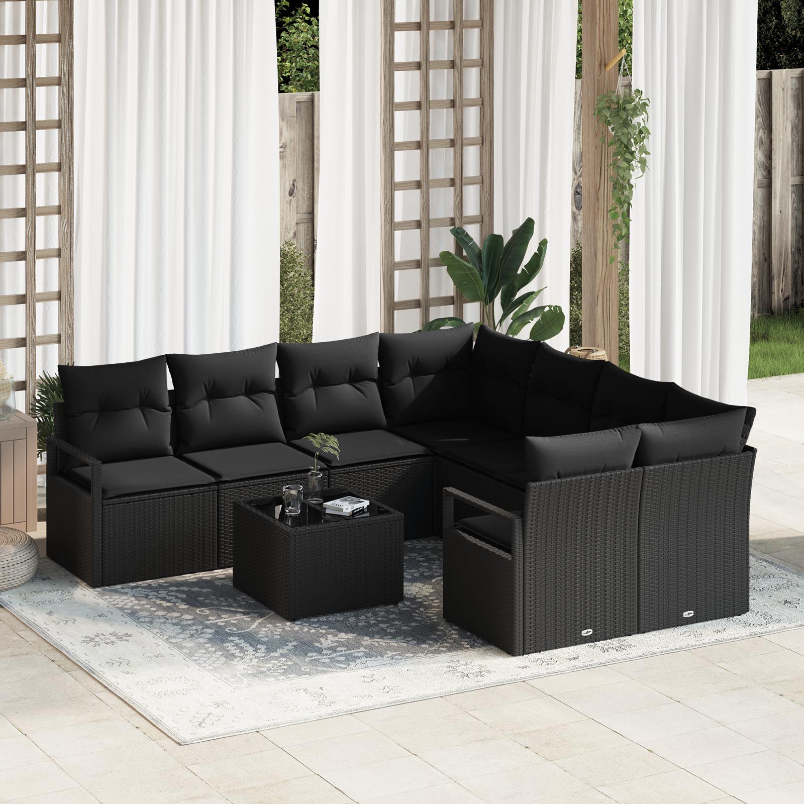 Havesofa Sæt 9 stk Sort 55 x 55 x 37 cm polyrattan